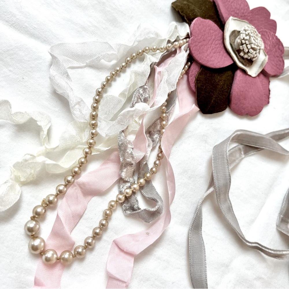 Pink Leather Flower Necklace with Vintage Pearl Beads and Velvet Ribbons
